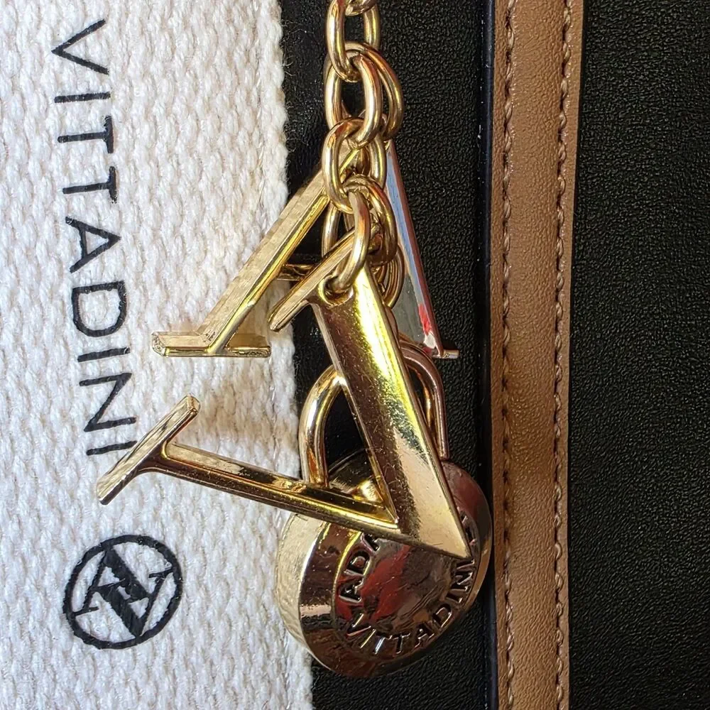 Adrienne Vittadini Black Tote Canvas Logo Straps w AV Charm Top Zip Closure EUC